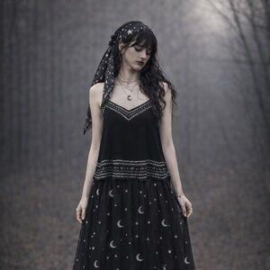 Whimsigoth Dark Fairy Black Semi-Sheer Beaded Camisole Tank Top Chiffon Y2K Sz L